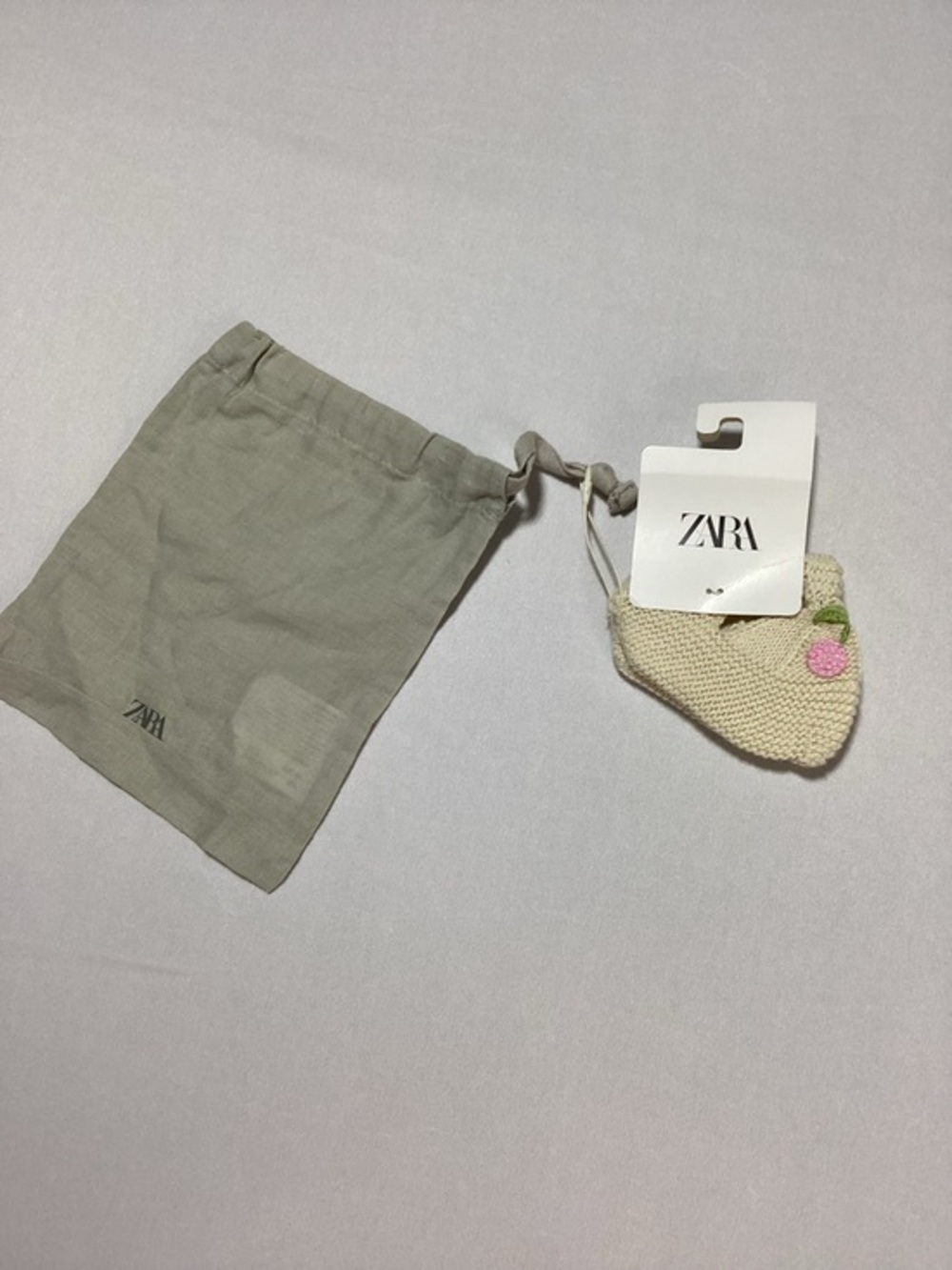 Zara Knit Baby Booties Cream with Pink Cherry Embroidery